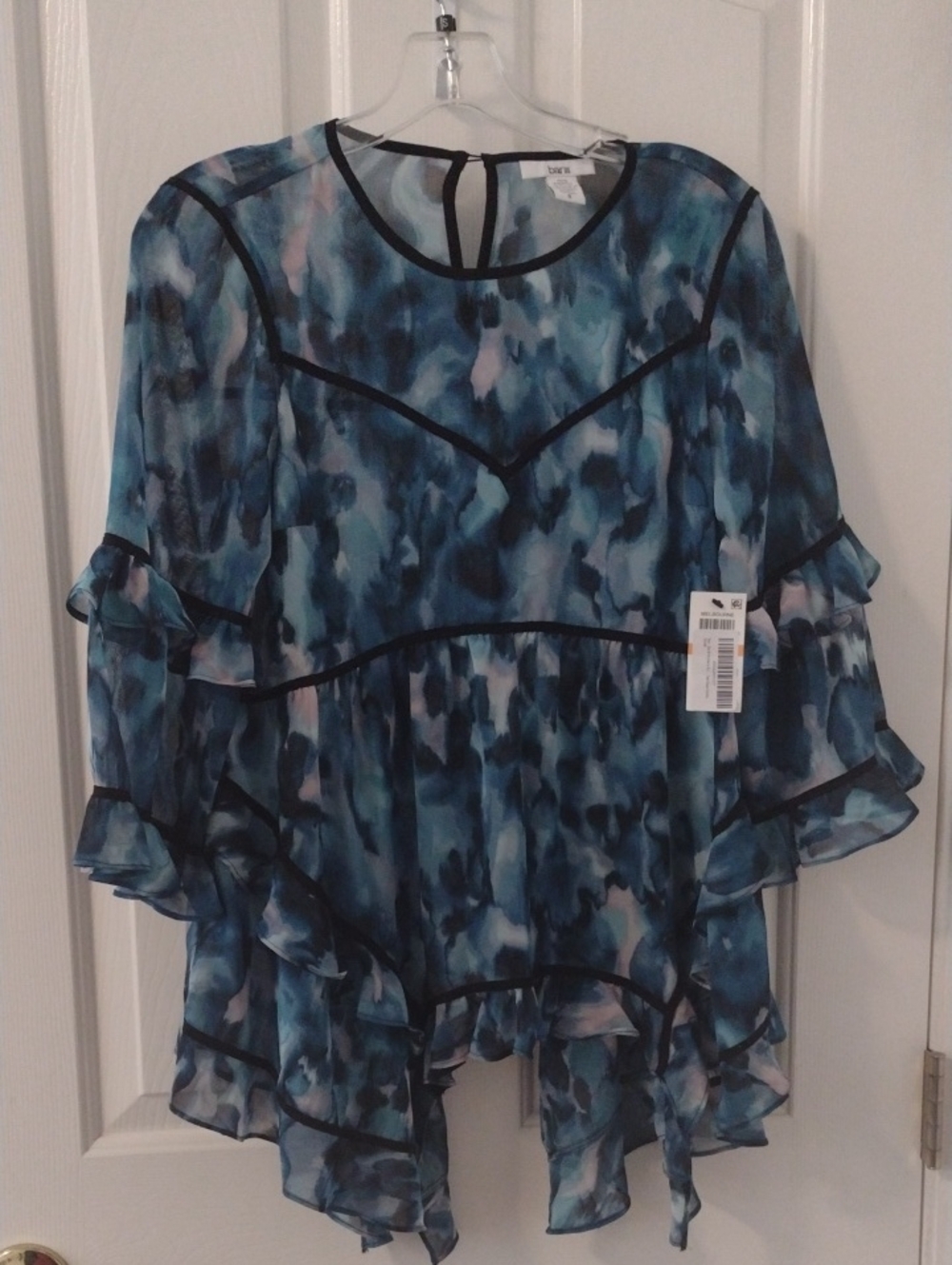 Wavy Tiered Ruffle Chiffon Blouse - Blue Print Bar 111 Sz S